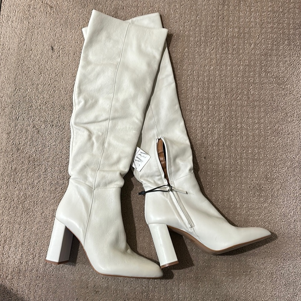 Zara High Leg Leather Heeled Boots Size 11 US